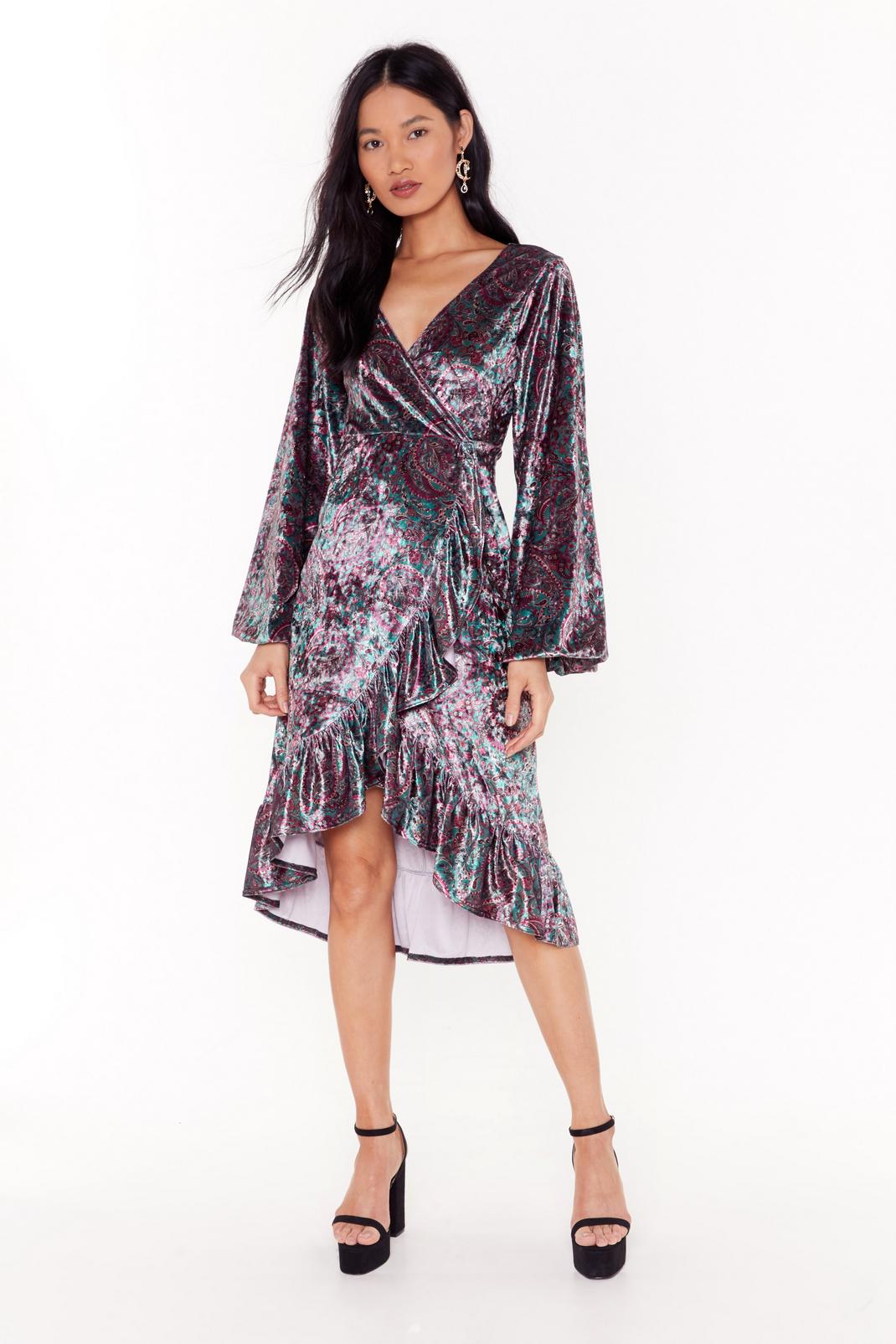 paisley velvet wrap ruffle midi dress image number 1