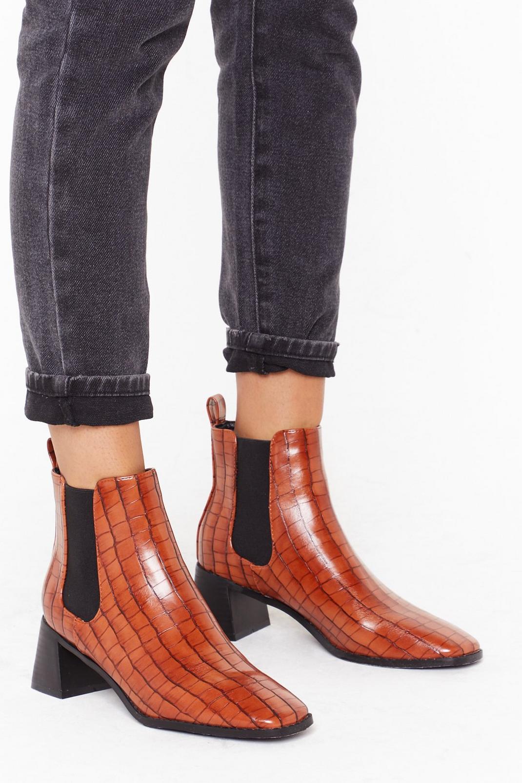 Faux Croc Patent Low Flare Chelsea Boots image number 1