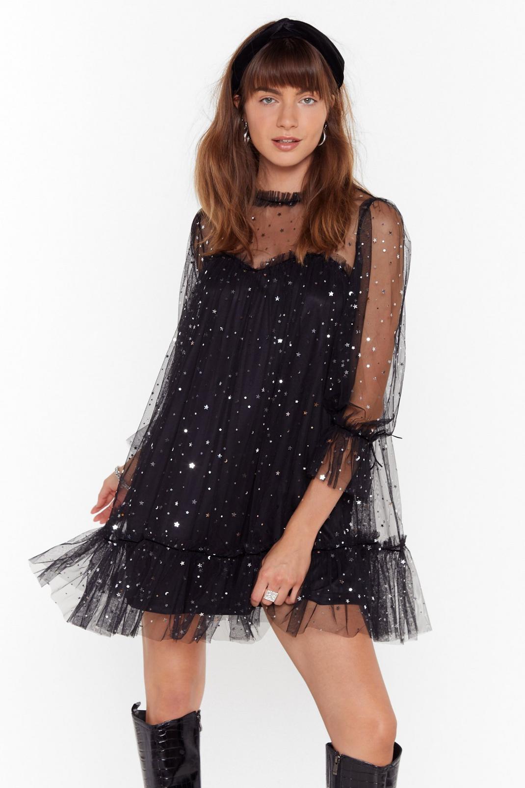 Black Sparkly Tiered Mesh Mini Dress image number 1