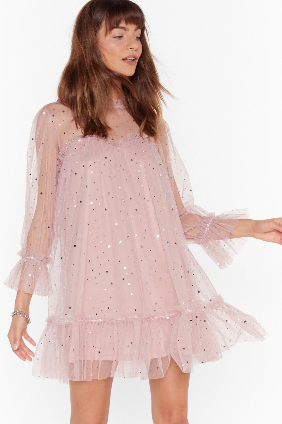 Pink Sparkly Tiered Mesh Mini Dress image number 1