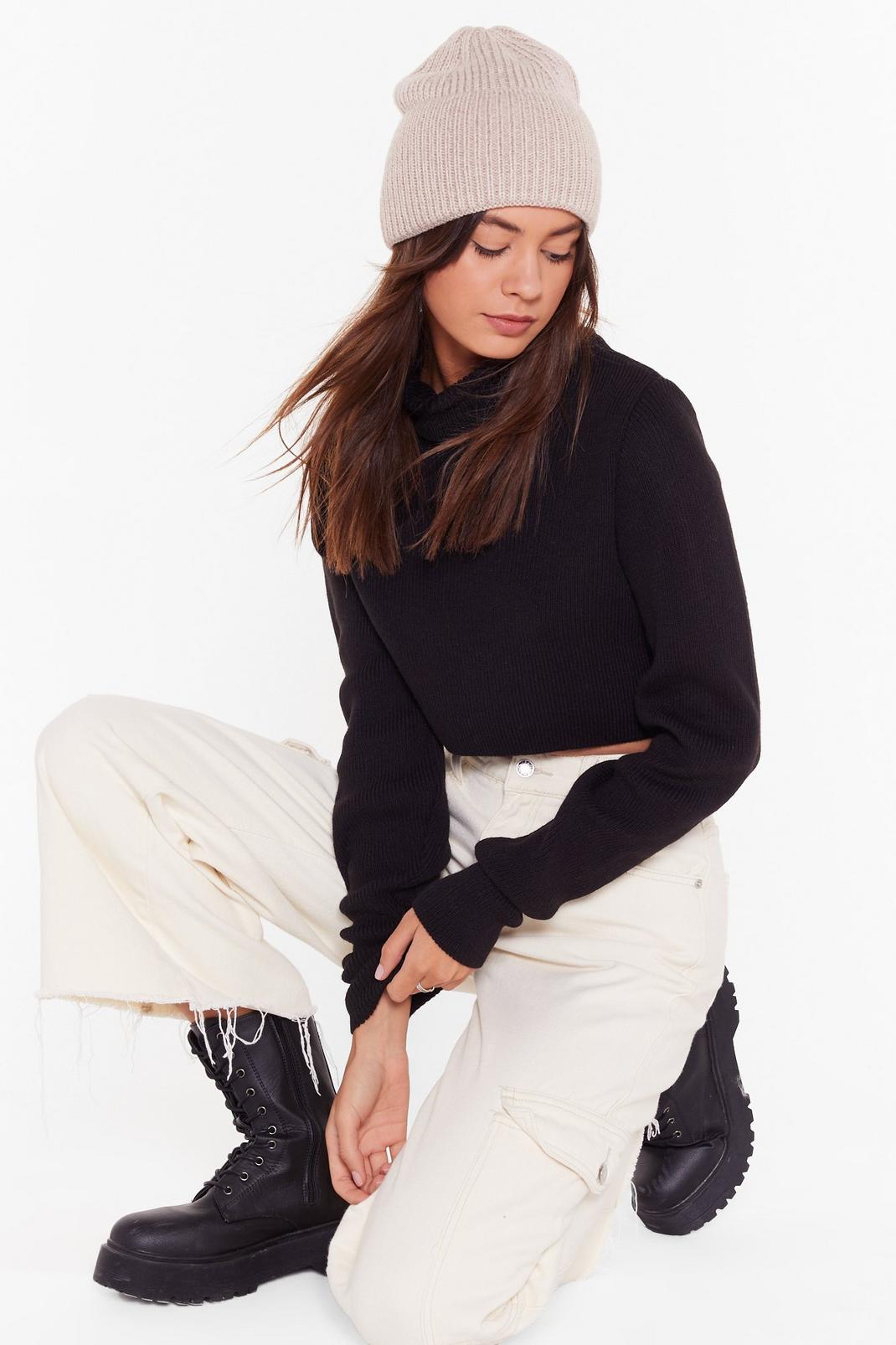 Black roll neck balloon sleeve deep cuff cropped jumper image number 1