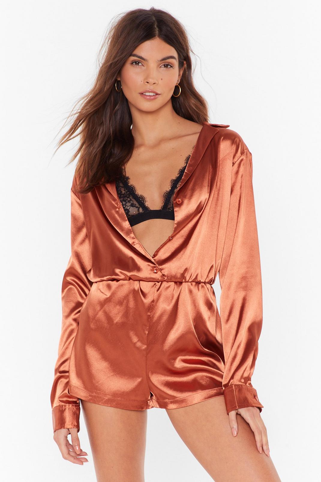 Light brown Satin Pajama Romper with V-Neckline image number 1