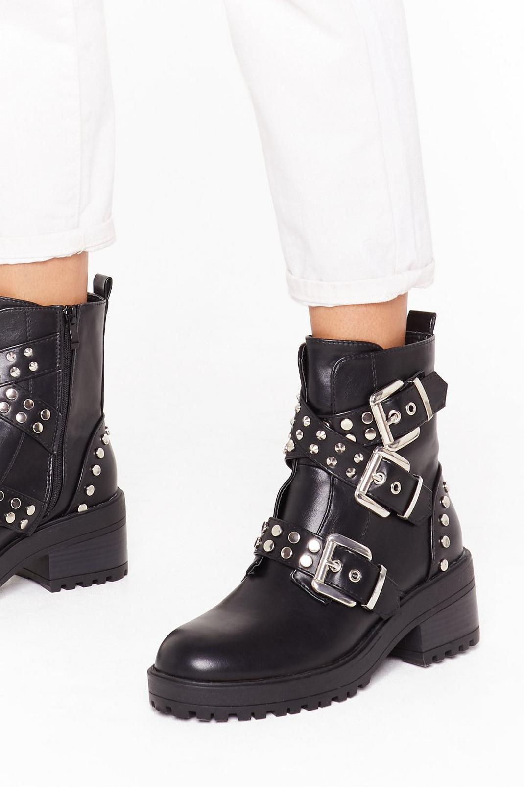 Show Me a Stud Time Faux Leather Biker Boots image number 1