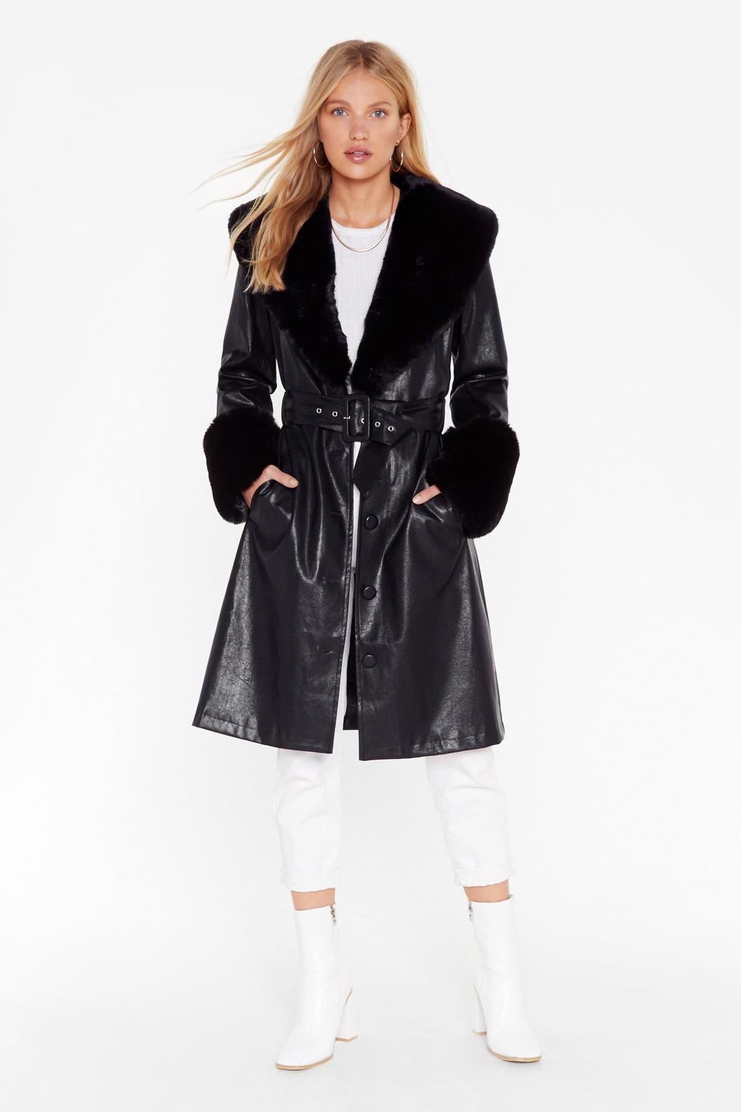 Black I'm That Girl Faux Fur Collar Trench Coat image number 1