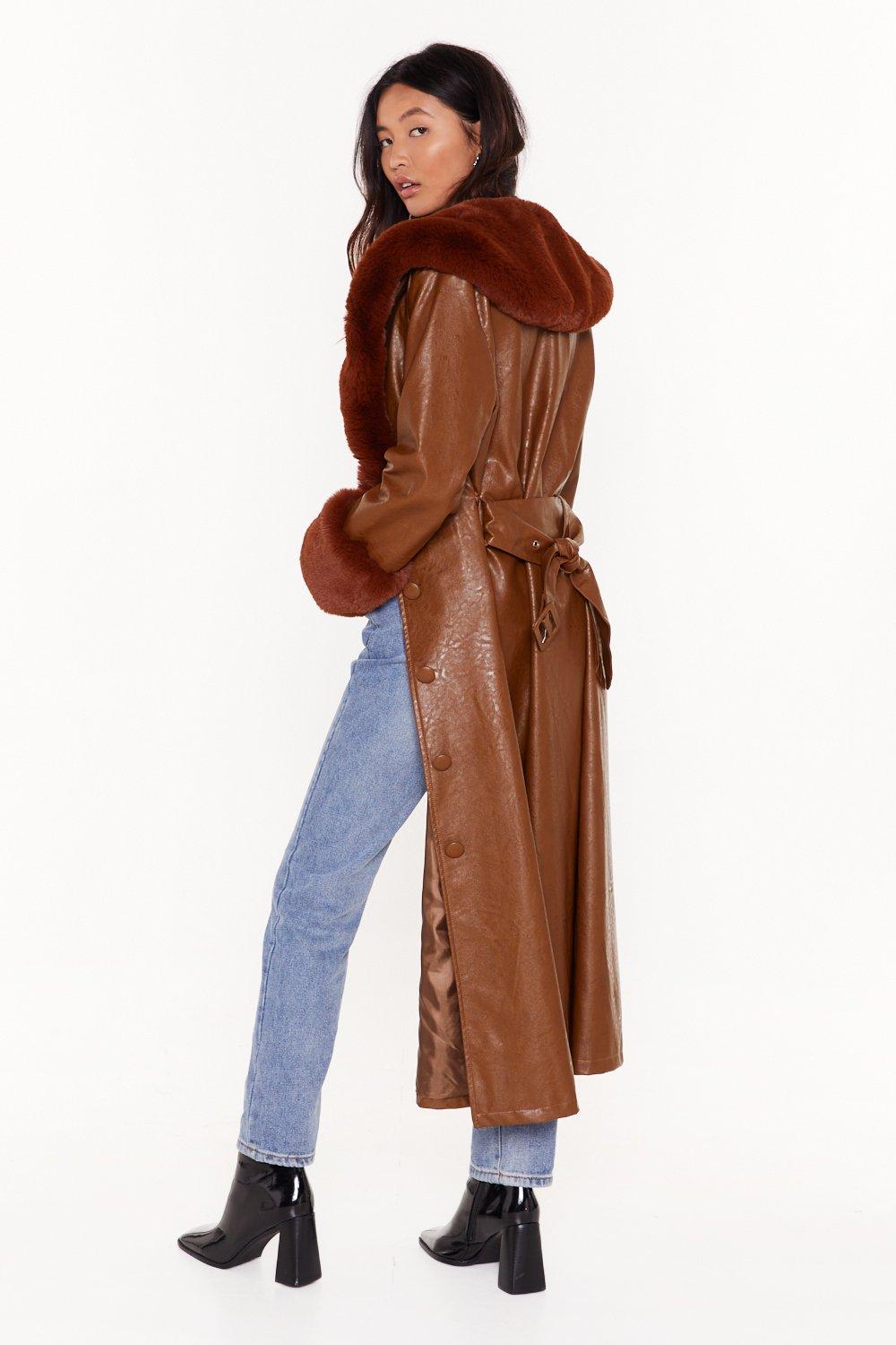 long leather trench coat with fur