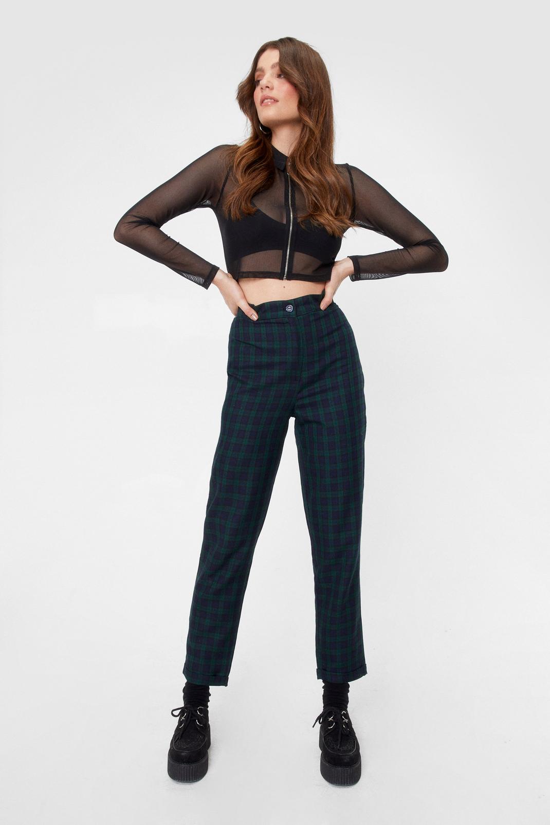 Navy High Waisted Plaid Pants image number 1