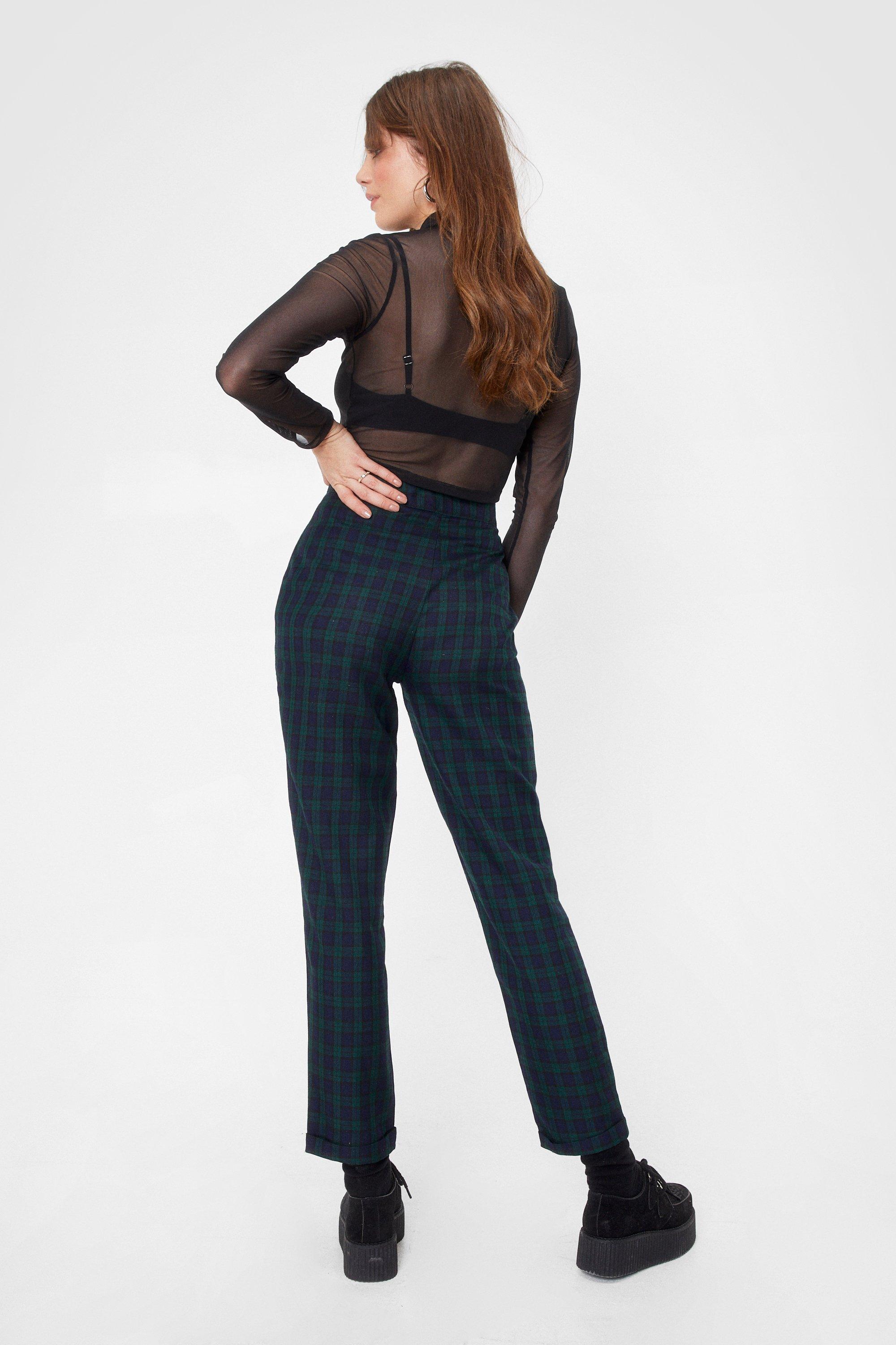 High Waist Green Plaid Loose Pants