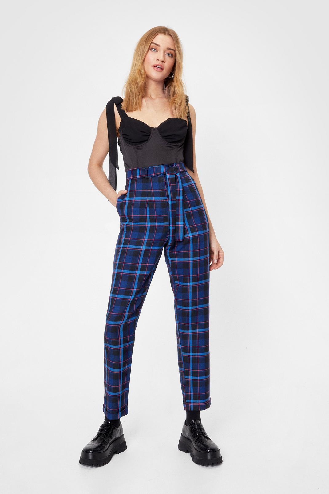 Navy Plaid Belted Tapered Pants image number 1