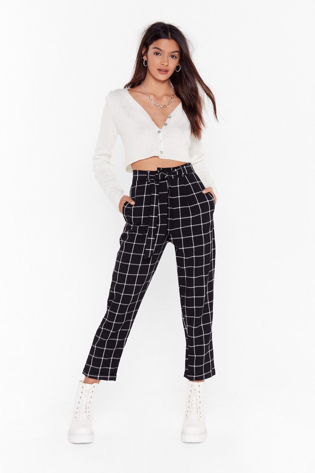 Black Check Belted Tapered Pants image number 1