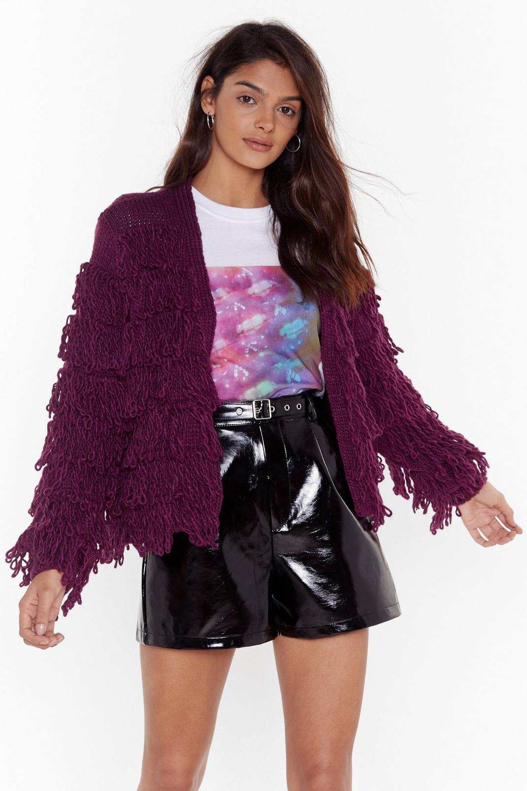 Wine Cropped Loop Knit Shaggy Cardigan image number 1
