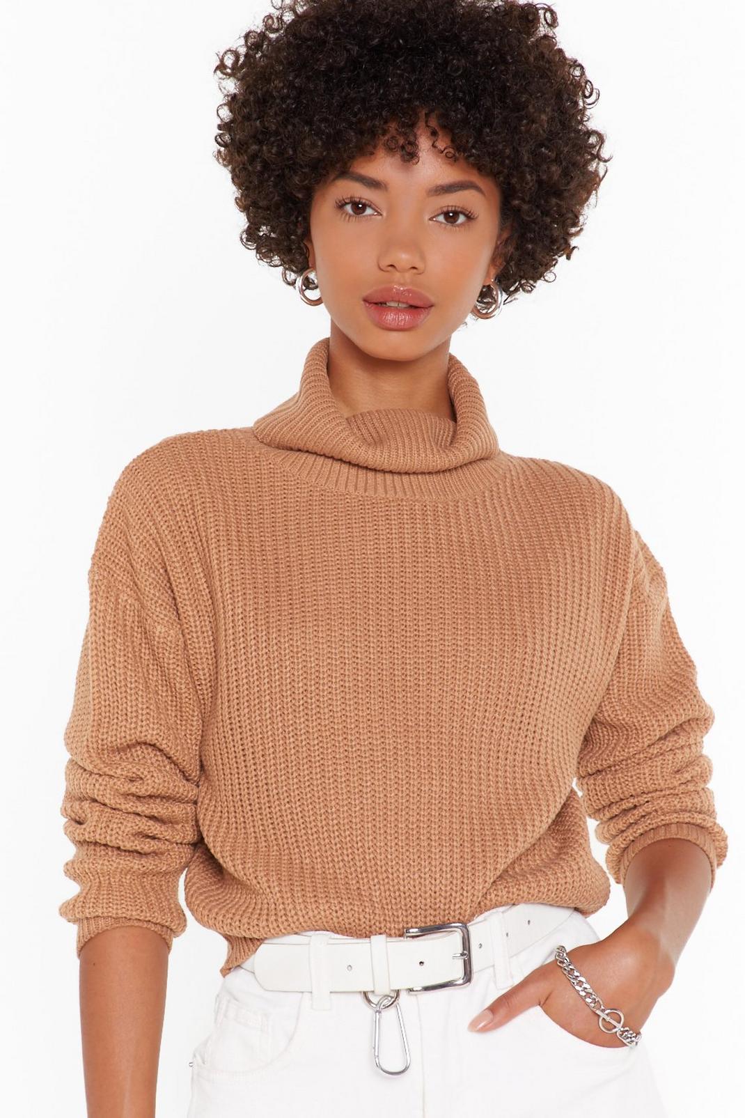 Biscuit Knitted Rib Turtleneck Cropped Sweater image number 1