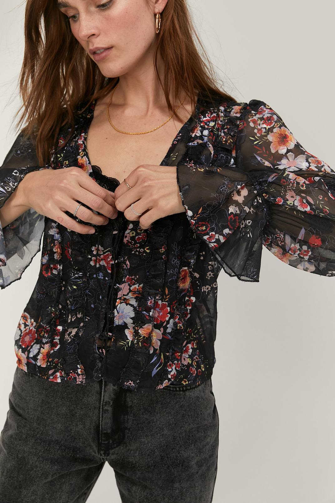 Black Floral Chiffon Lace Up Blouse image number 1