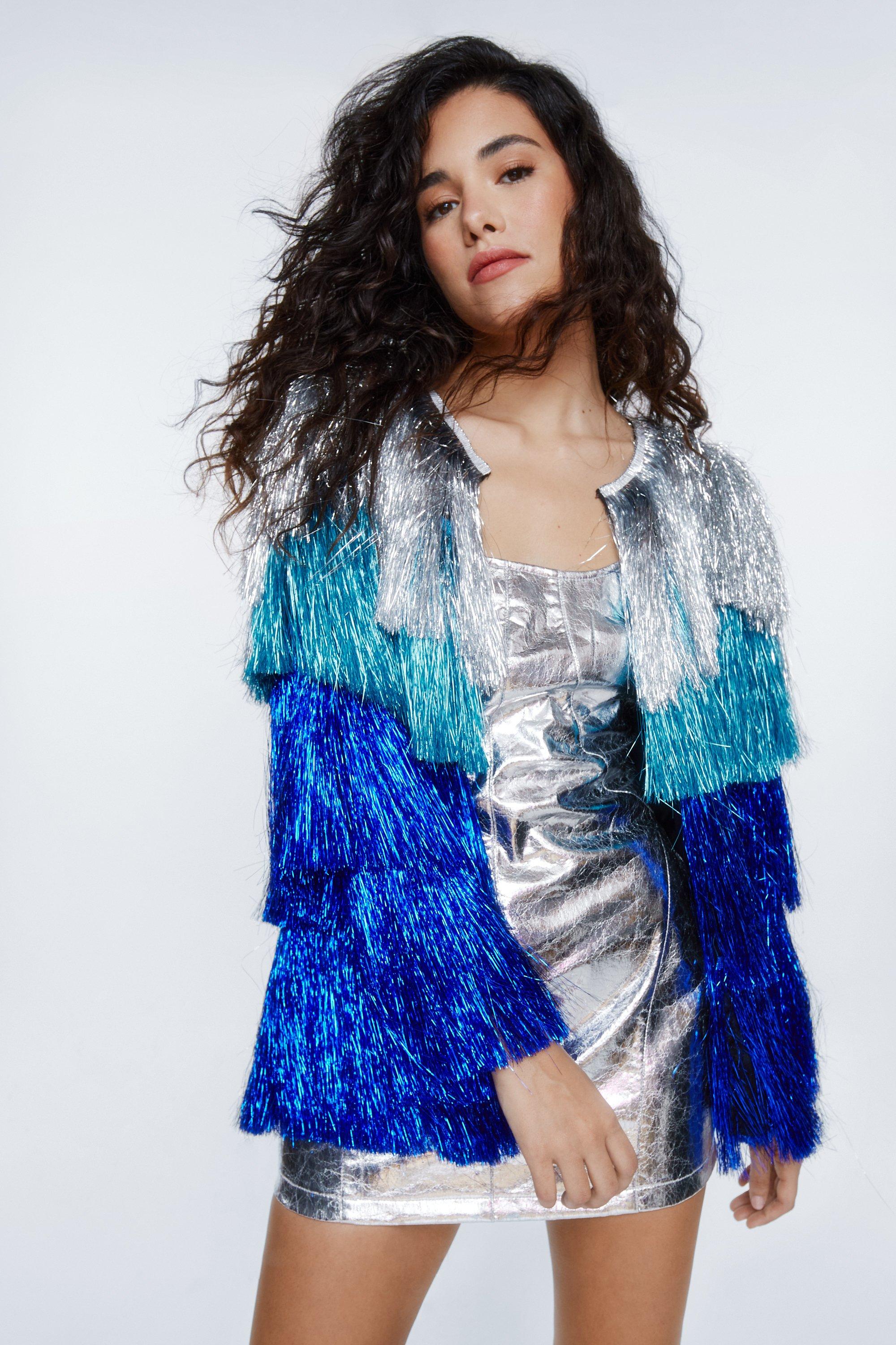 Metallic Tiered Tinsel Fringe Open Front Jacket  Pretty outfits, Tiered  fringe, Open front jacket