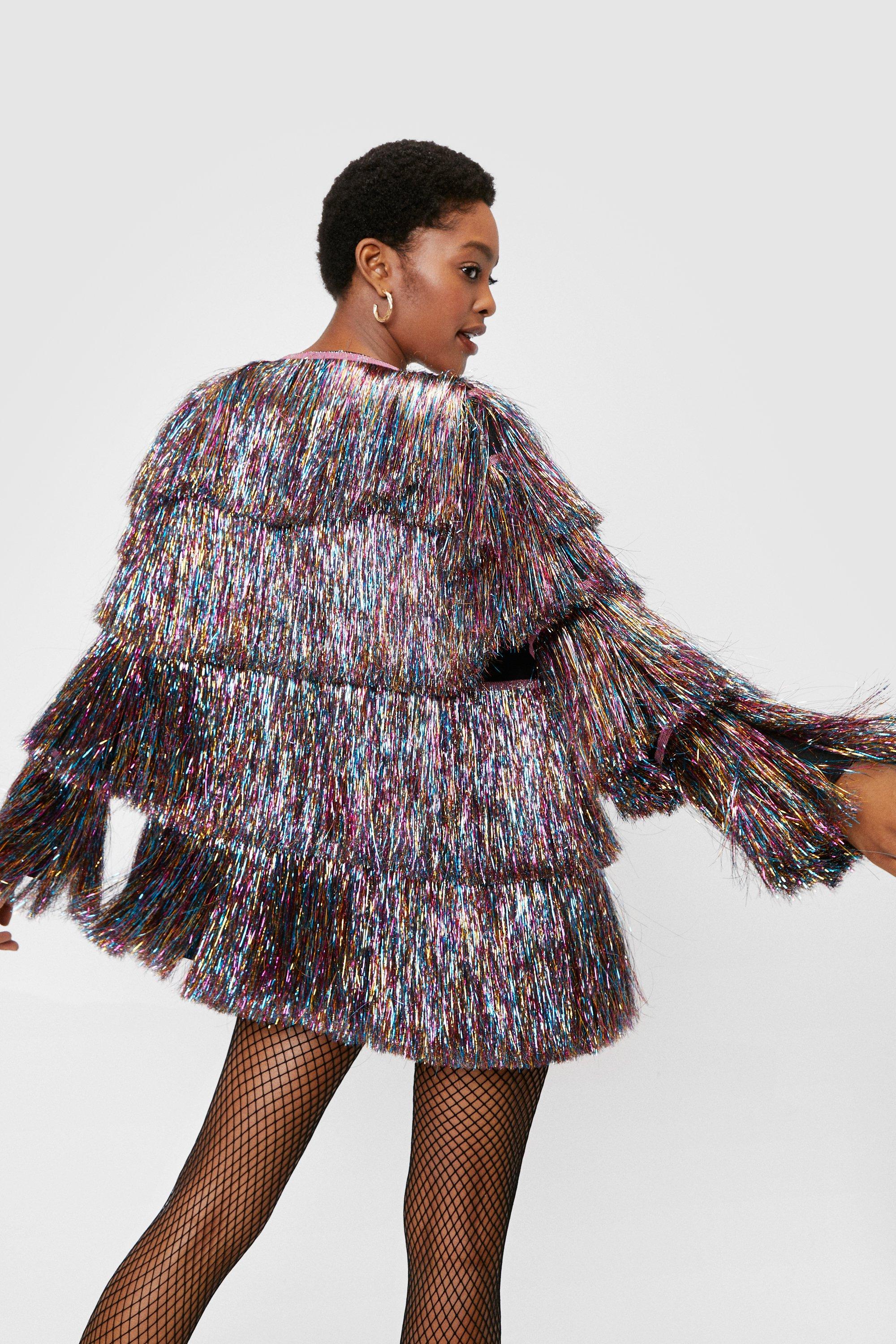 Metallic Tiered Tinsel Fringe Open Front Jacket