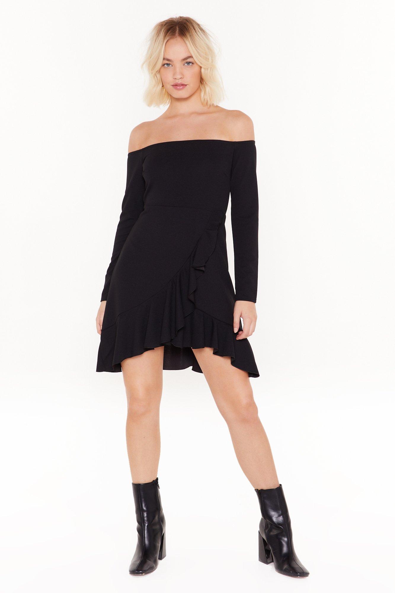 off the shoulder wrap mini dress