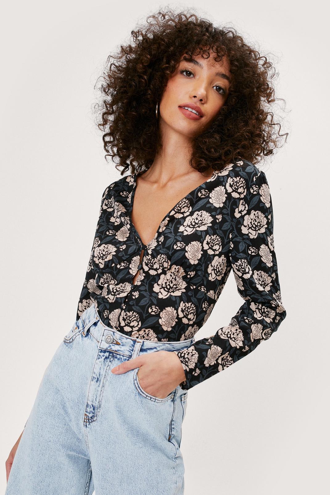Black Nothing Bud Flowers Floral Button-Down Blouse image number 1