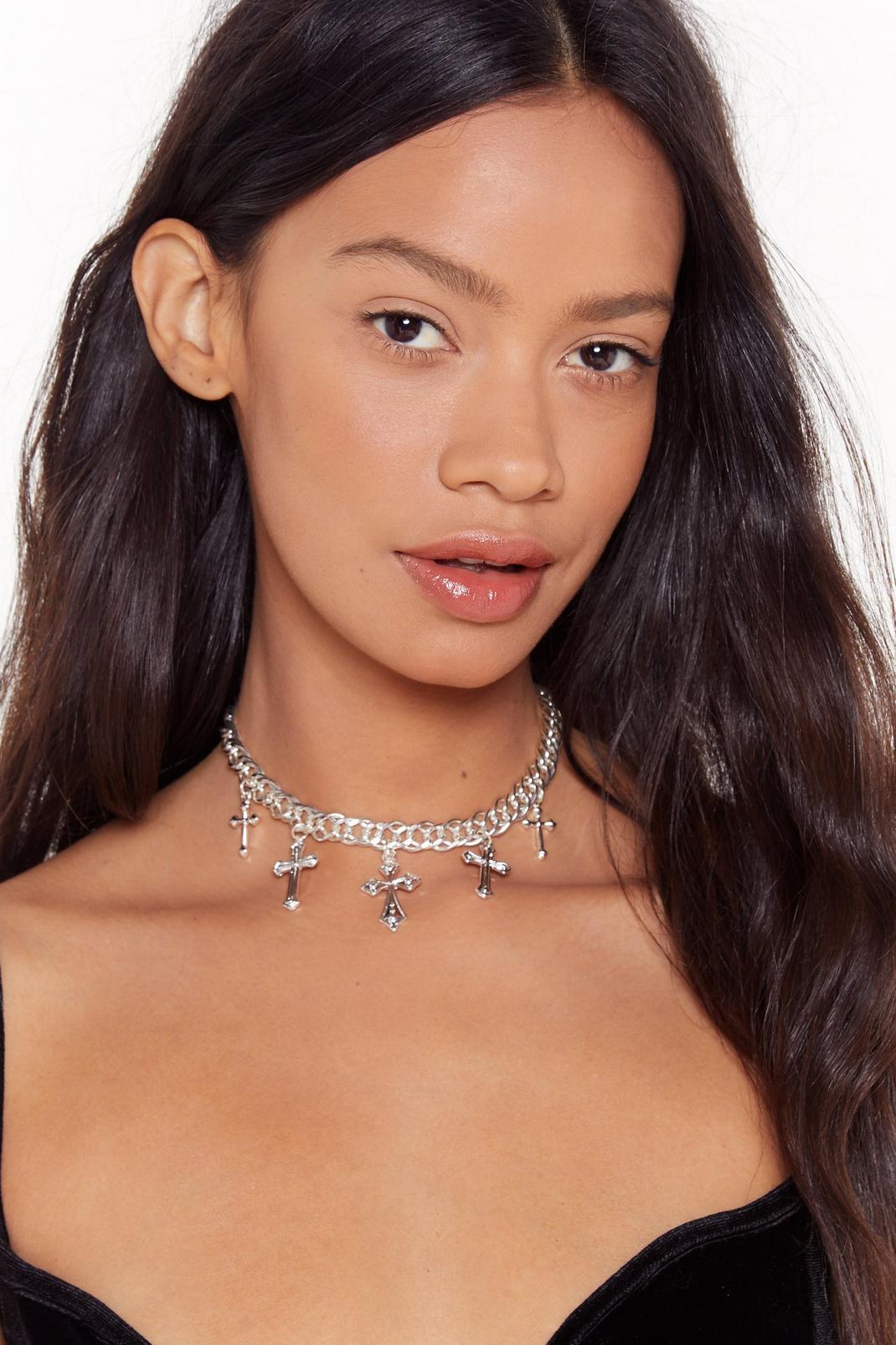 Silver Don't Cross My Path Pendant Choker image number 1