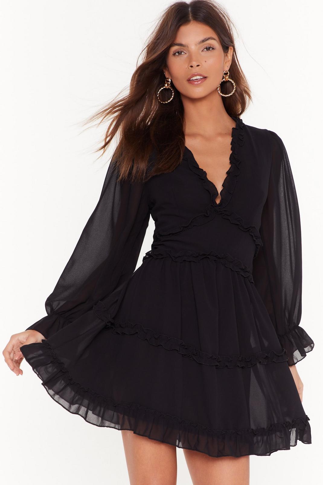 Black Chiffon Ruffle V-Neck Mini Dress image number 1
