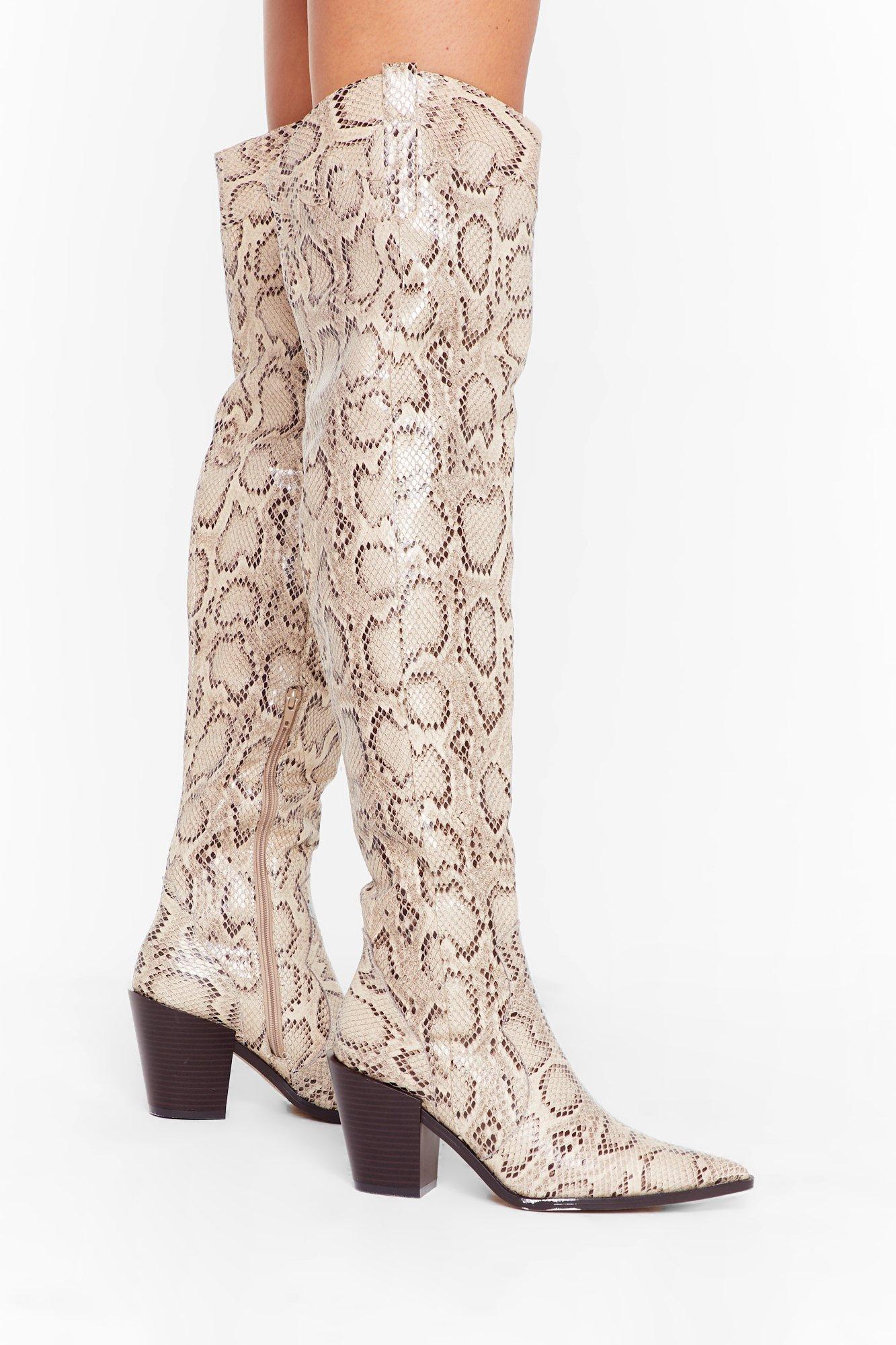 snake print over the knee boots