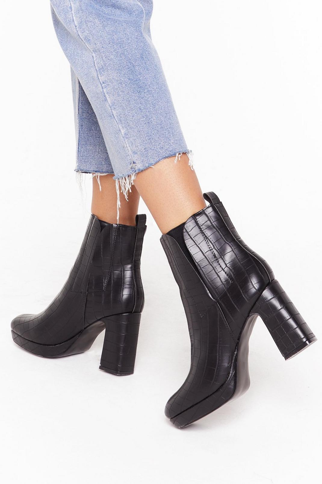 Croc It Off Faux Leather Block Heel Boots image number 1