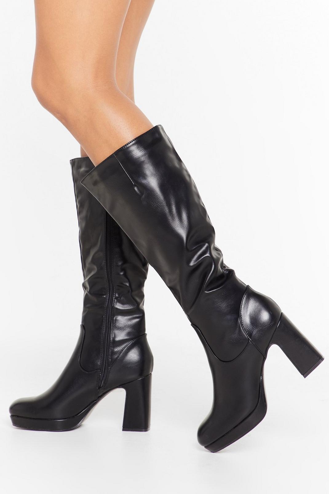 Black Heel the Beat Faux Leather Knee High Boots image number 1