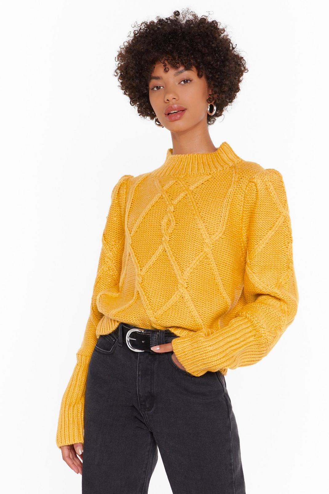 Mustard Puff Sleeve Cable Knit Sweater image number 1