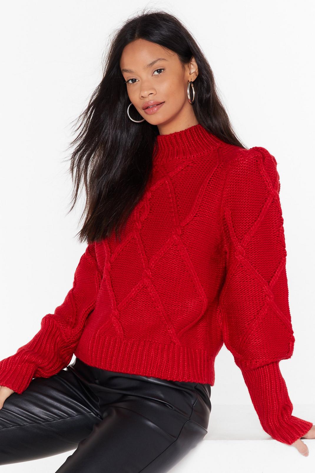 Red Puff Sleeve Cable Knit Sweater image number 1