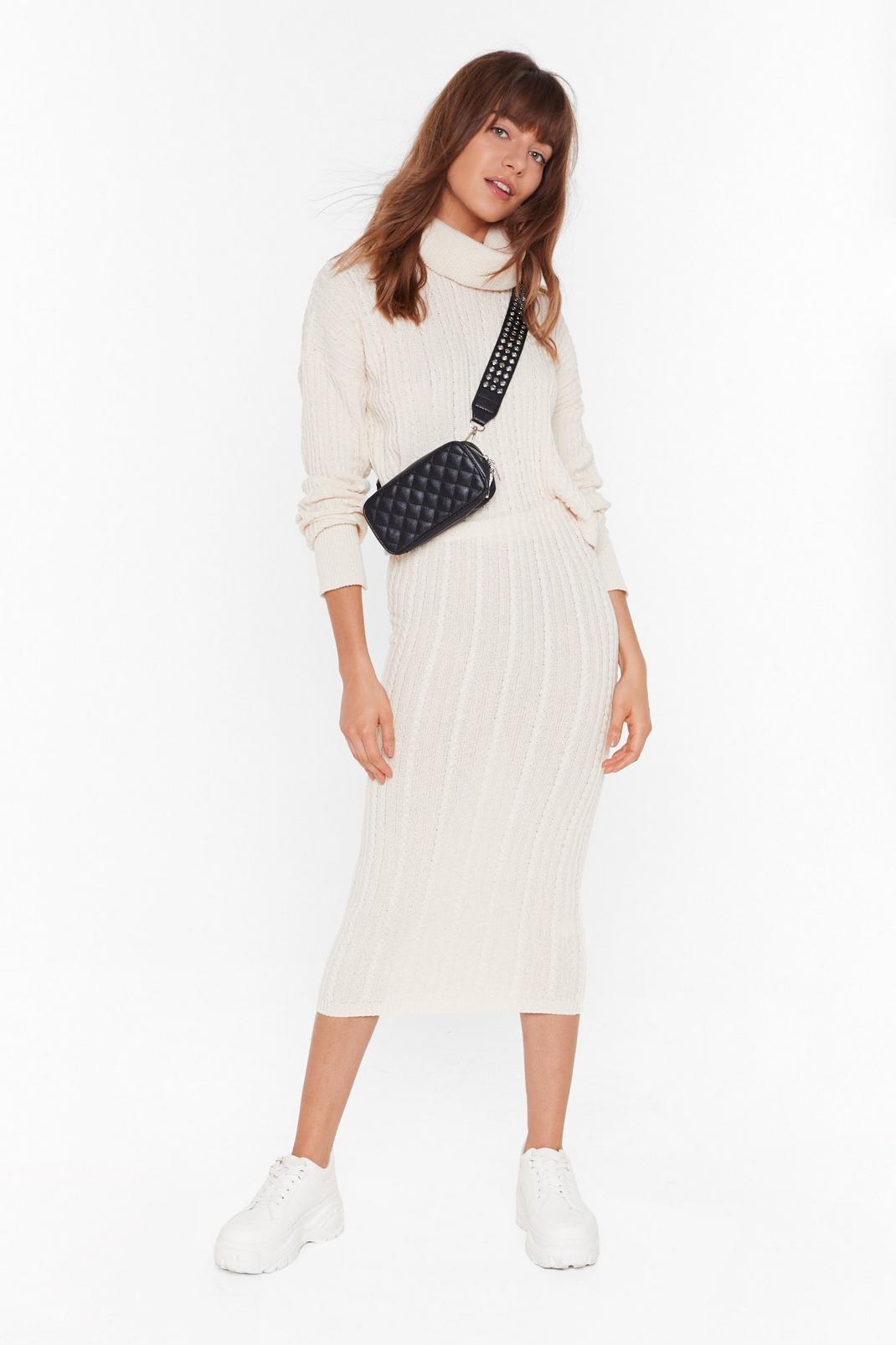 Cream Cable Knit Fitted Midi Skirt image number 1