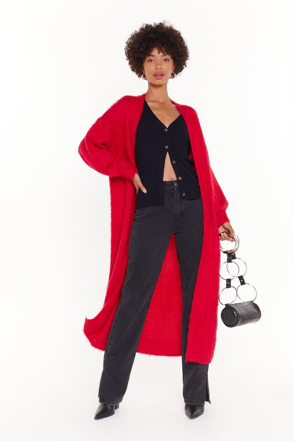 red longline cardigan