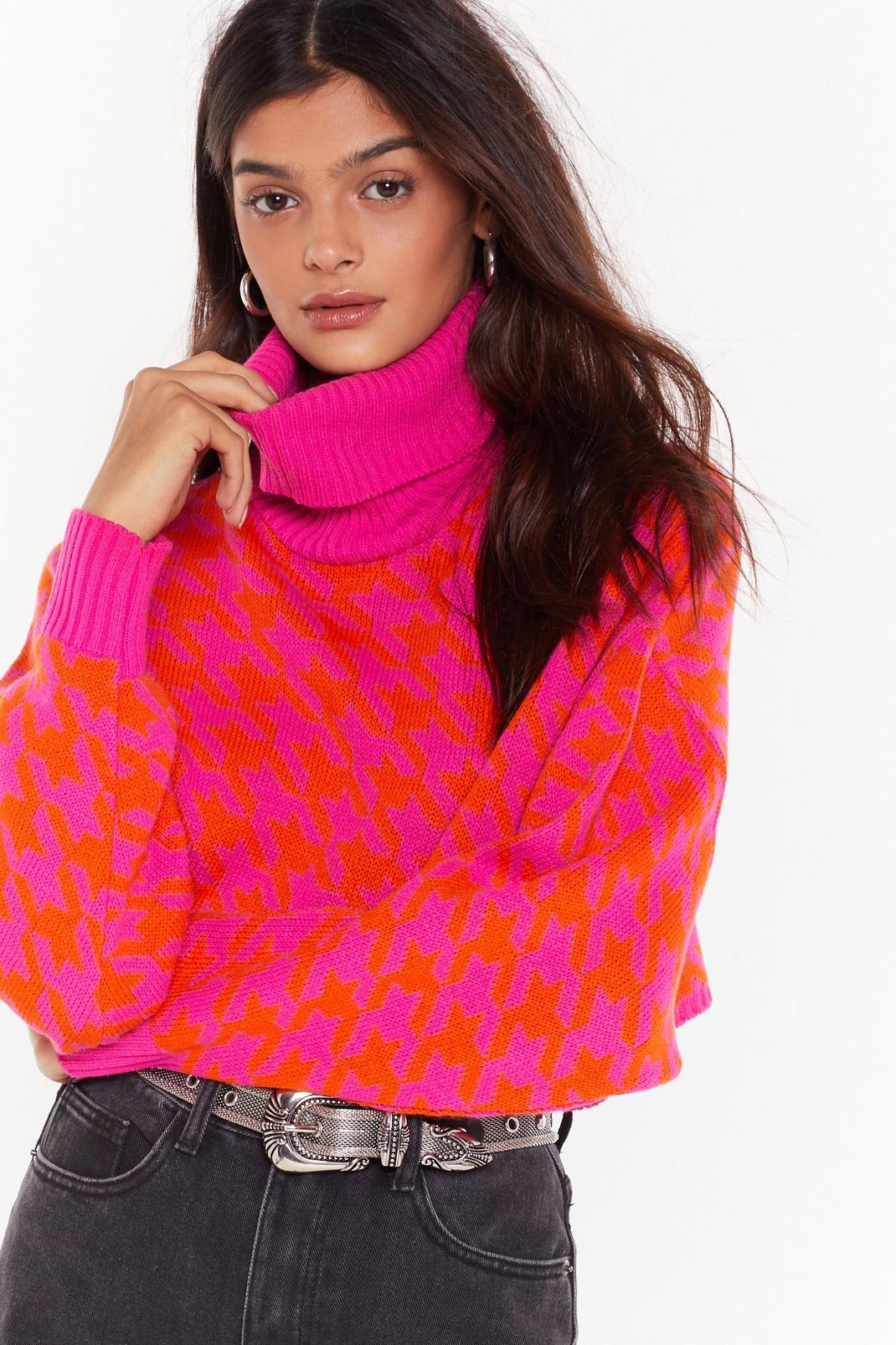 Pink Lost and Houndstooth Turtleneck Cropped Sweater image number 1