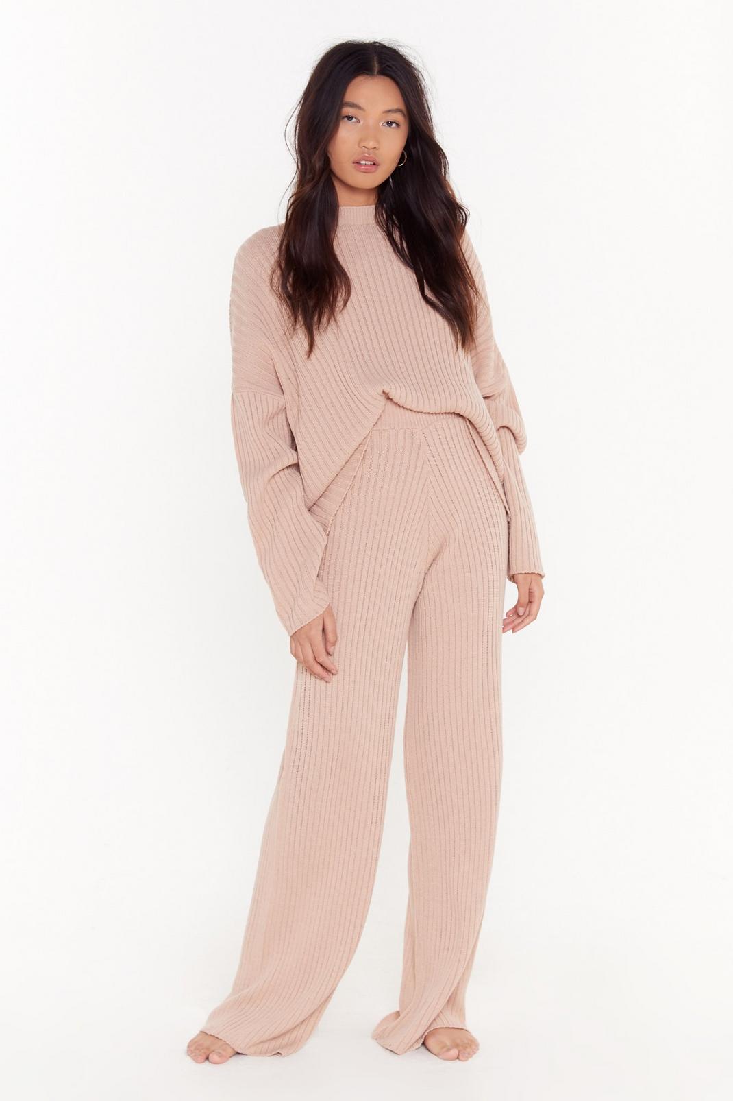 Nude Ribbed Sweater and Pants Lounge Set image number 1