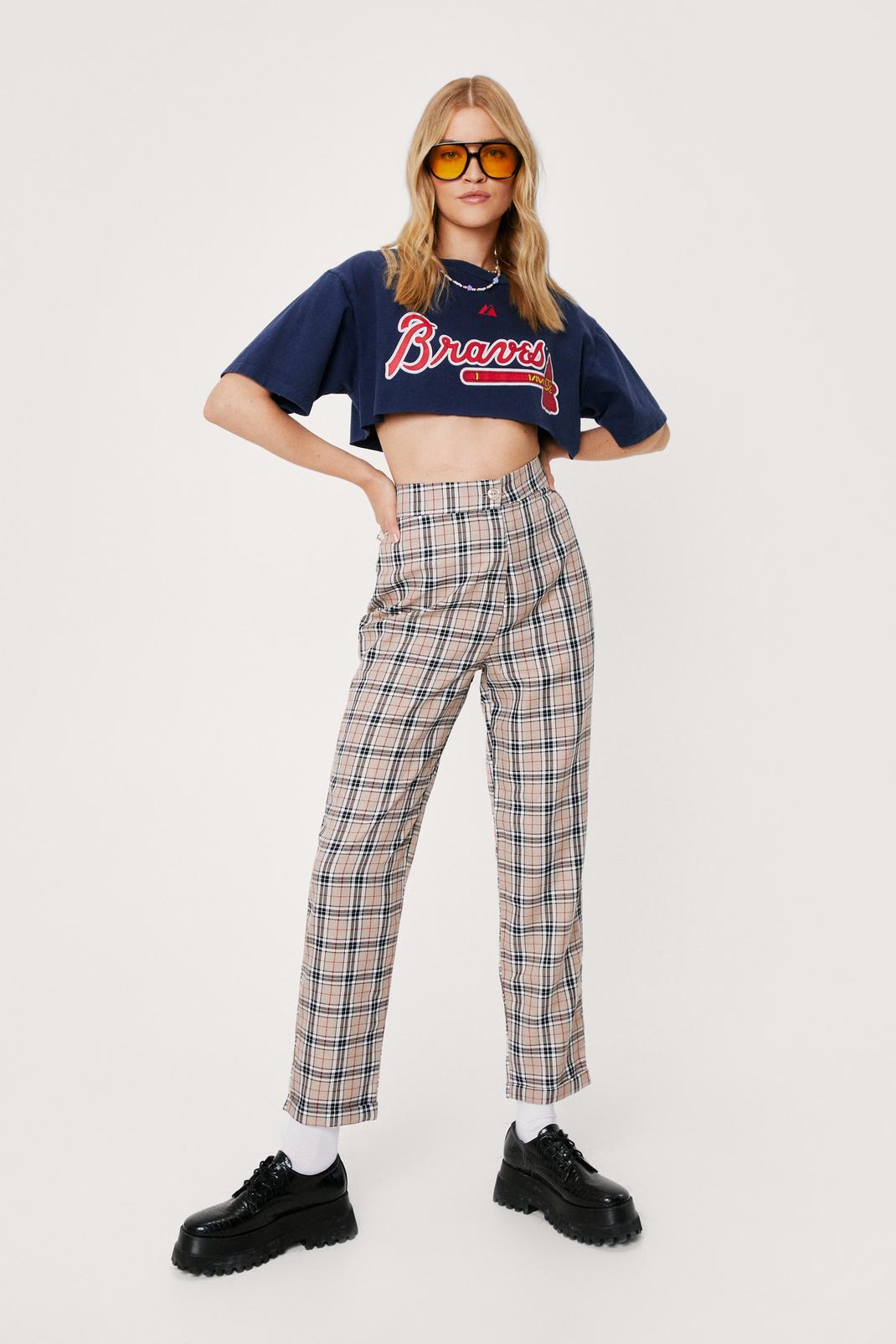 Beige Check Tapered High Waisted Pants image number 1