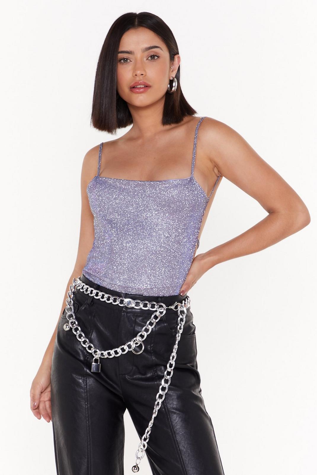 Purple Party Time Strappy Glitter Bodysuit image number 1