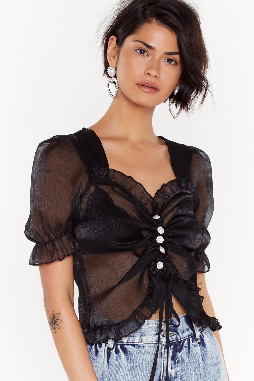 Black See Through It Sheer Ruched Blouse image number 1