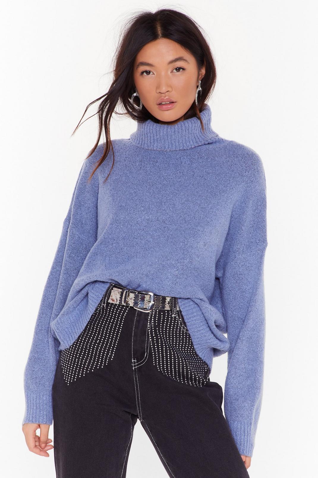 Blue Slouchy Knit Turtleneck Sweater image number 1