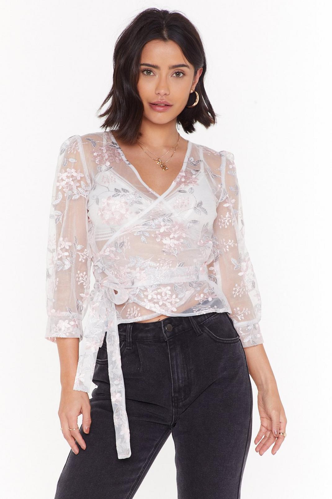 Embroidered Floral Wrap Blouse image number 1