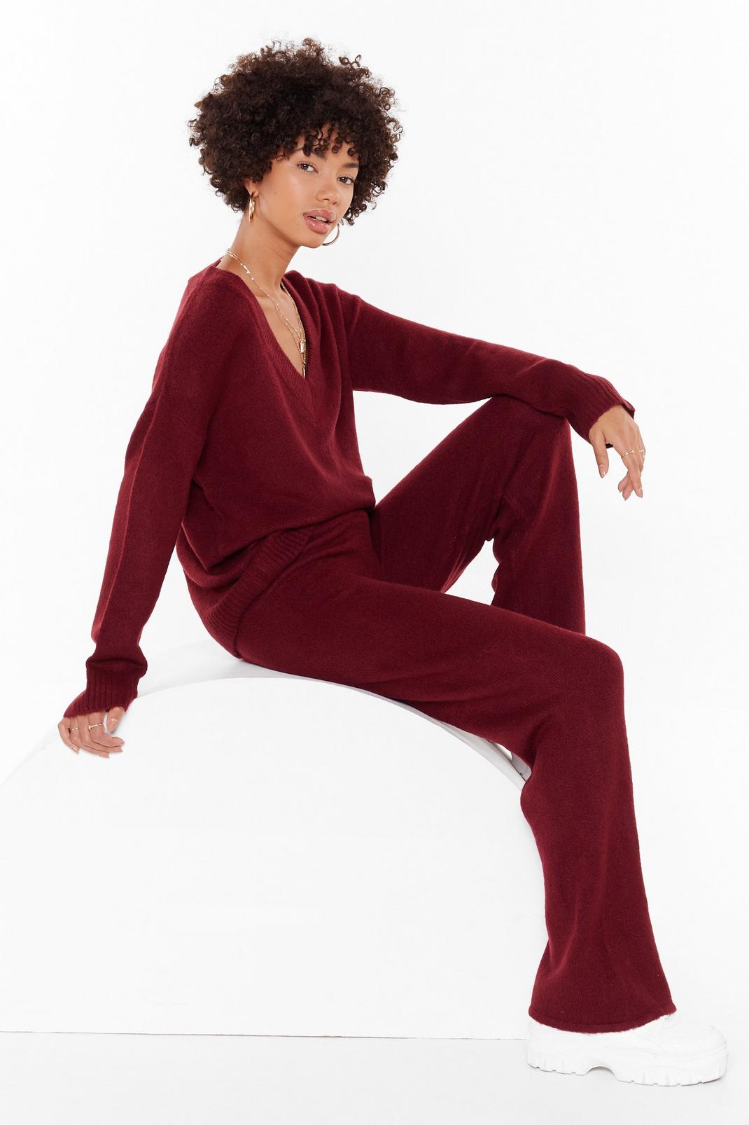 Berry Knit V Neck Jumper and Trousers Set image number 1