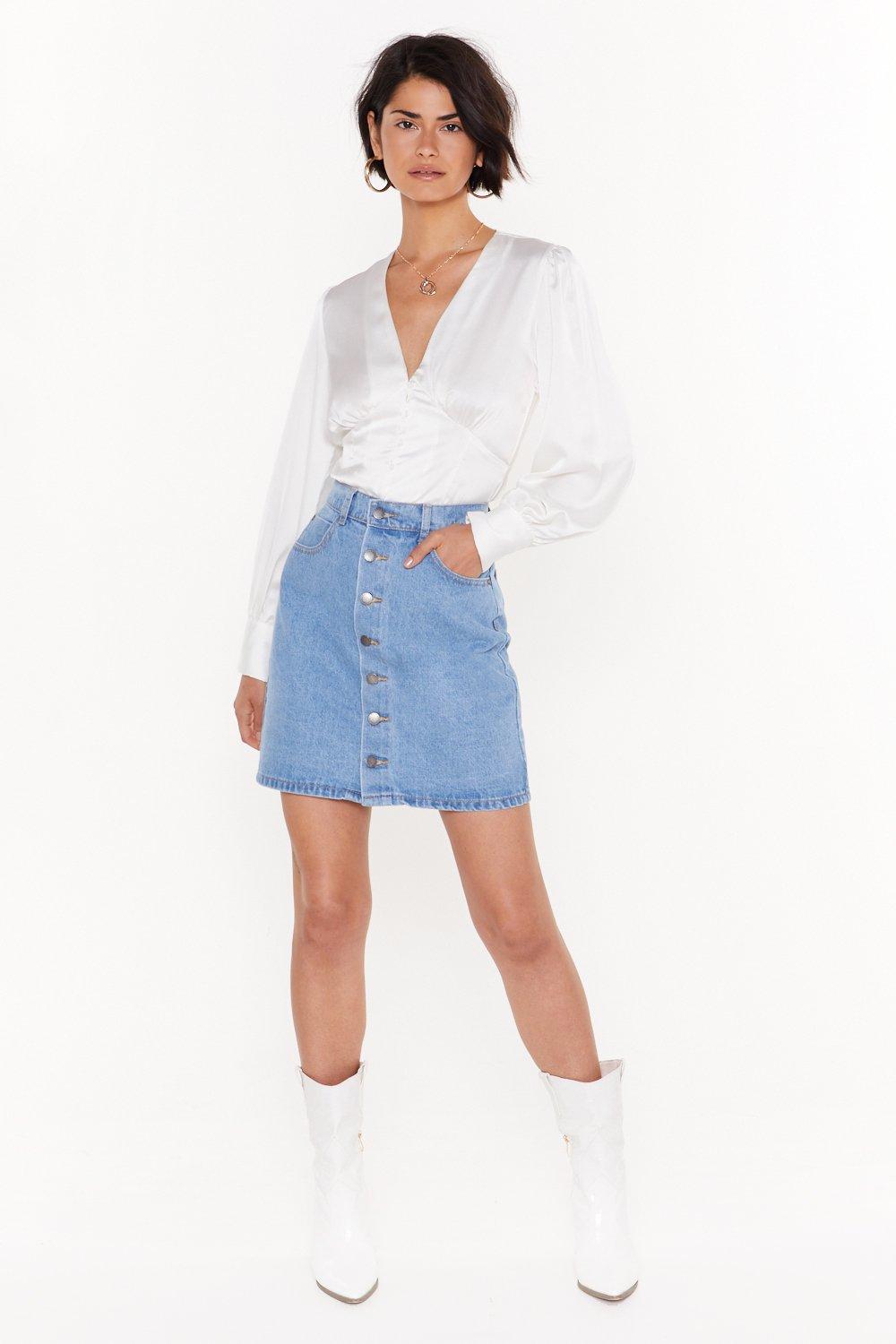 button down blue jean skirt