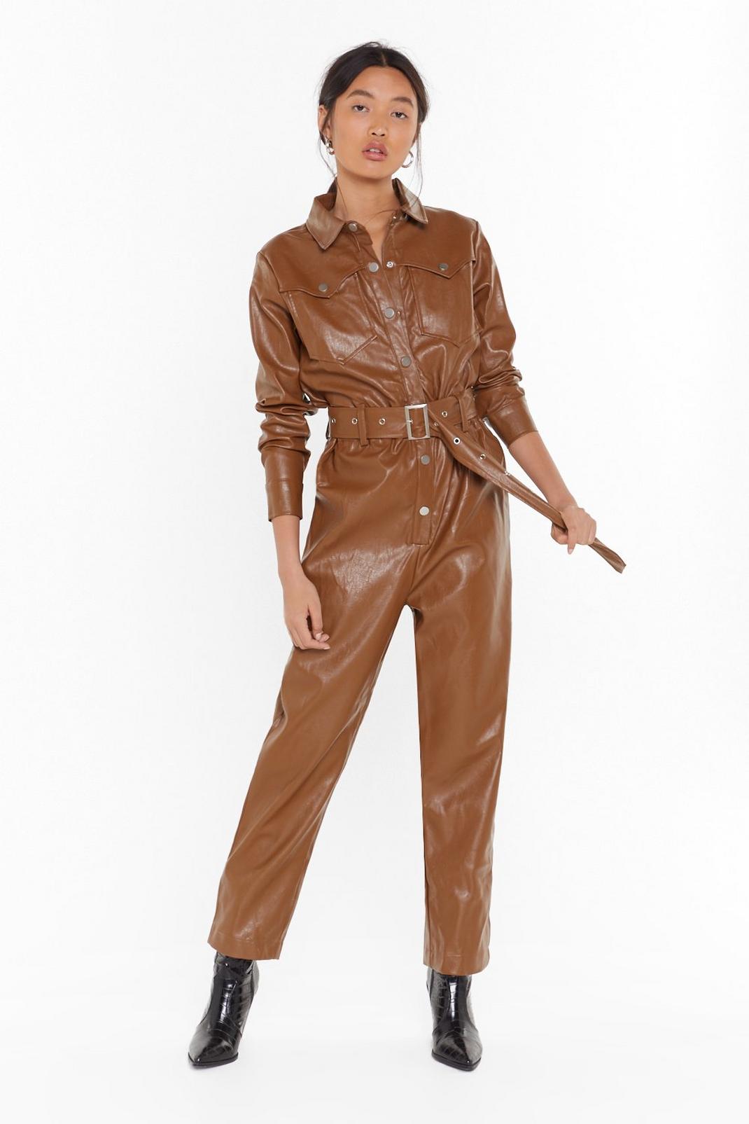 Working On It Faux Leather Belted Boilersuit image number 1