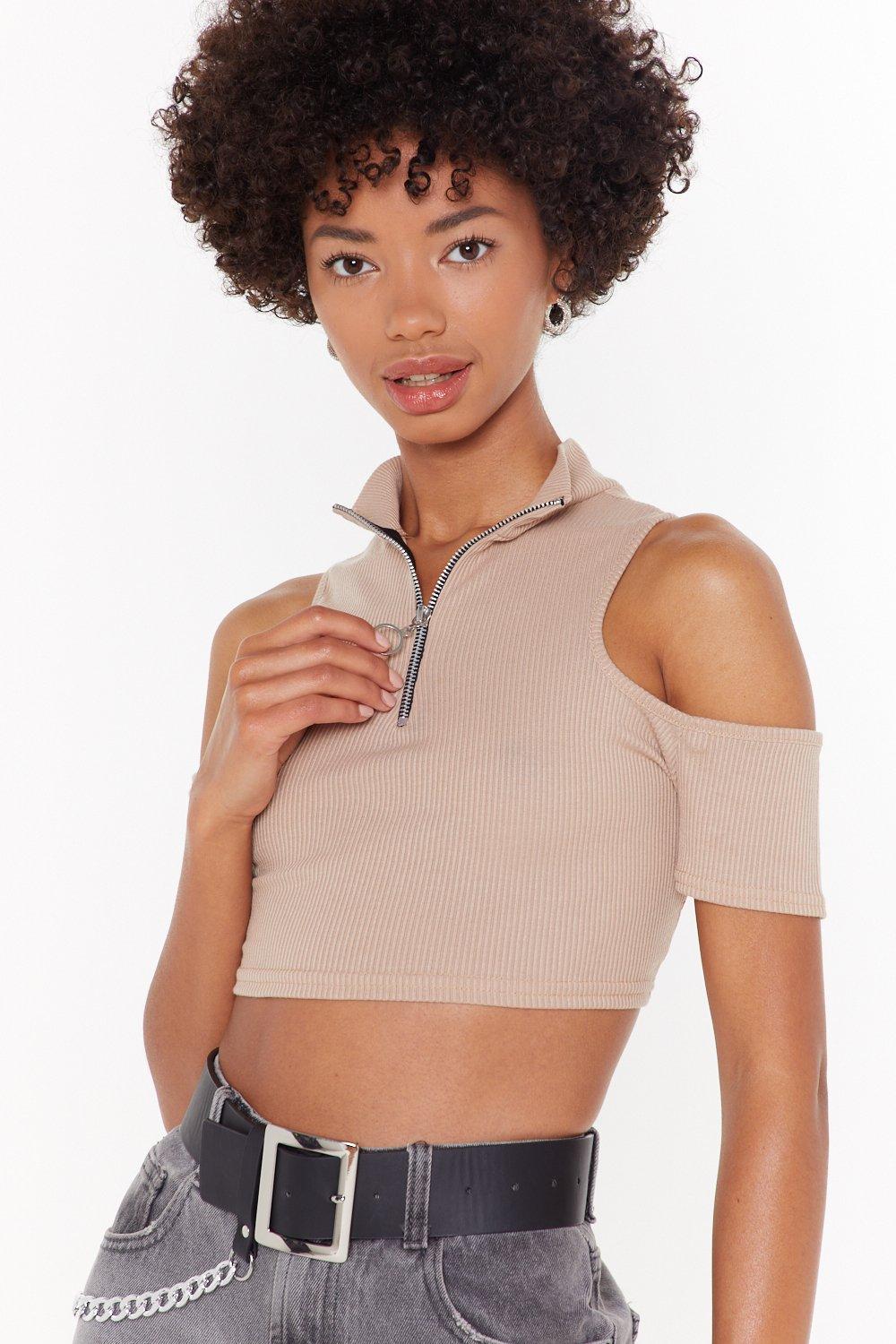 Cold shoulder zipper discount top
