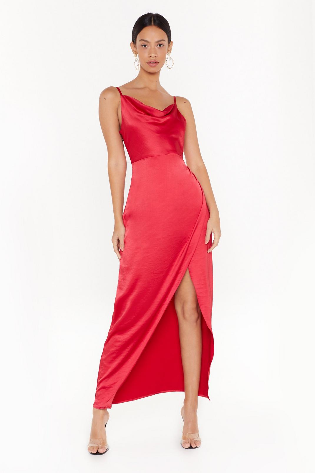 Red Cowl Play Satin Maxi Dress image number 1