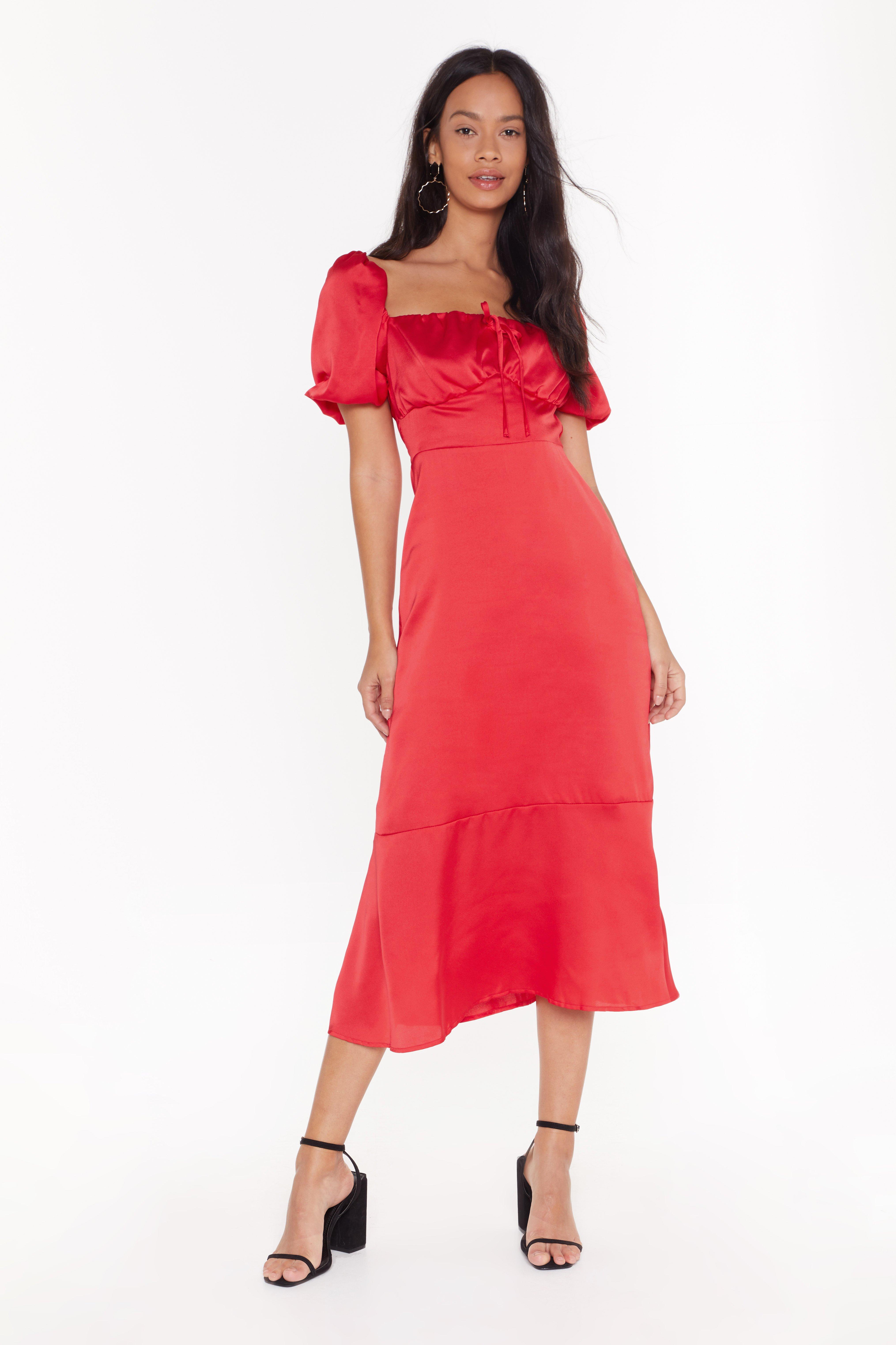 square neck red midi dress