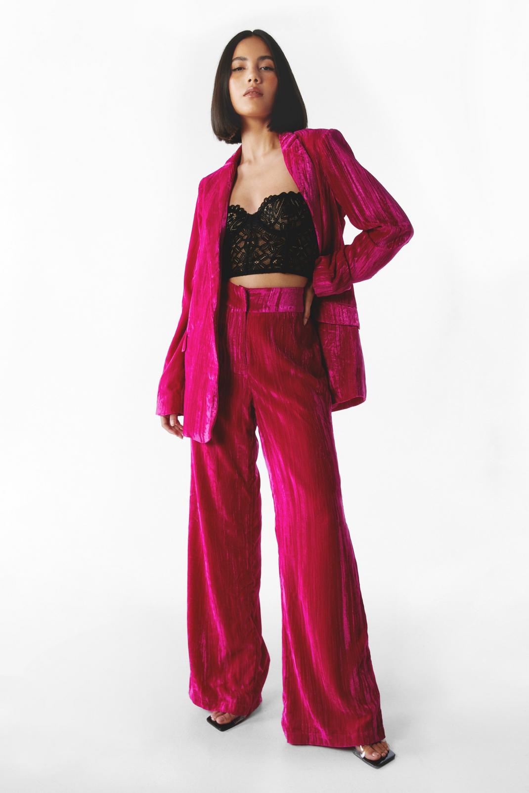 Hot pink Crushed Velvet Co-ord Wide Leg Trousers image number 1