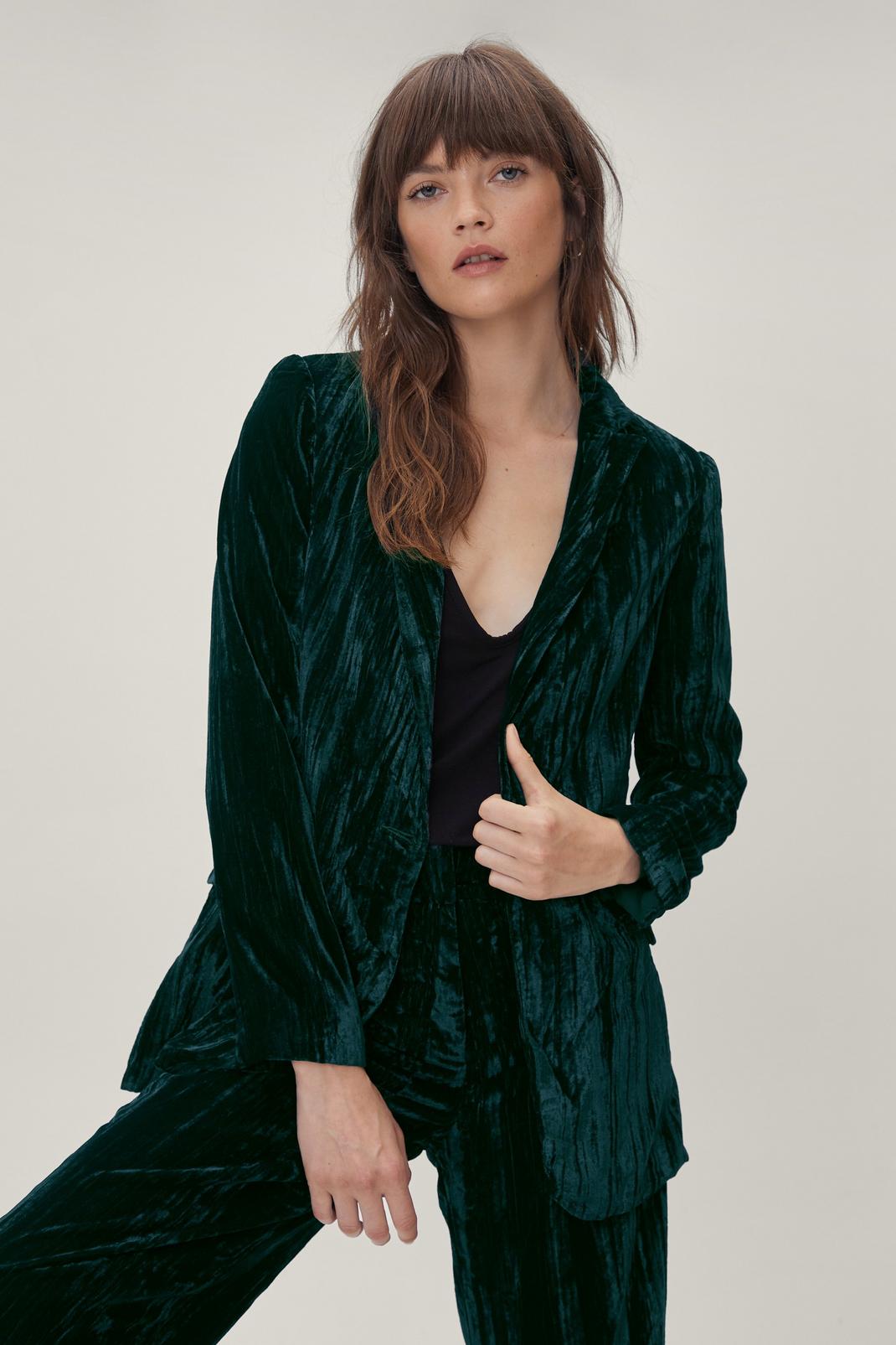 Emerald Crushed Velvet Two Piece Single Breasted Blazer image number 1