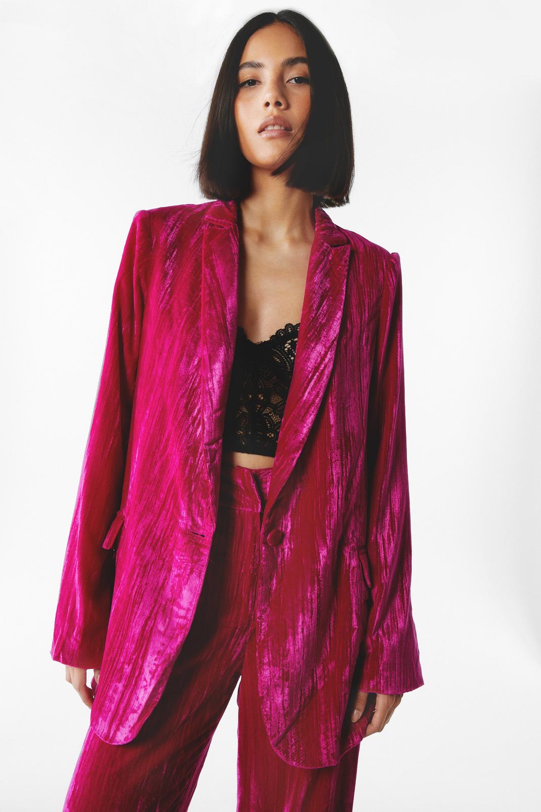 Hot pink Crushed Velvet Two Piece Single Breasted Blazer image number 1