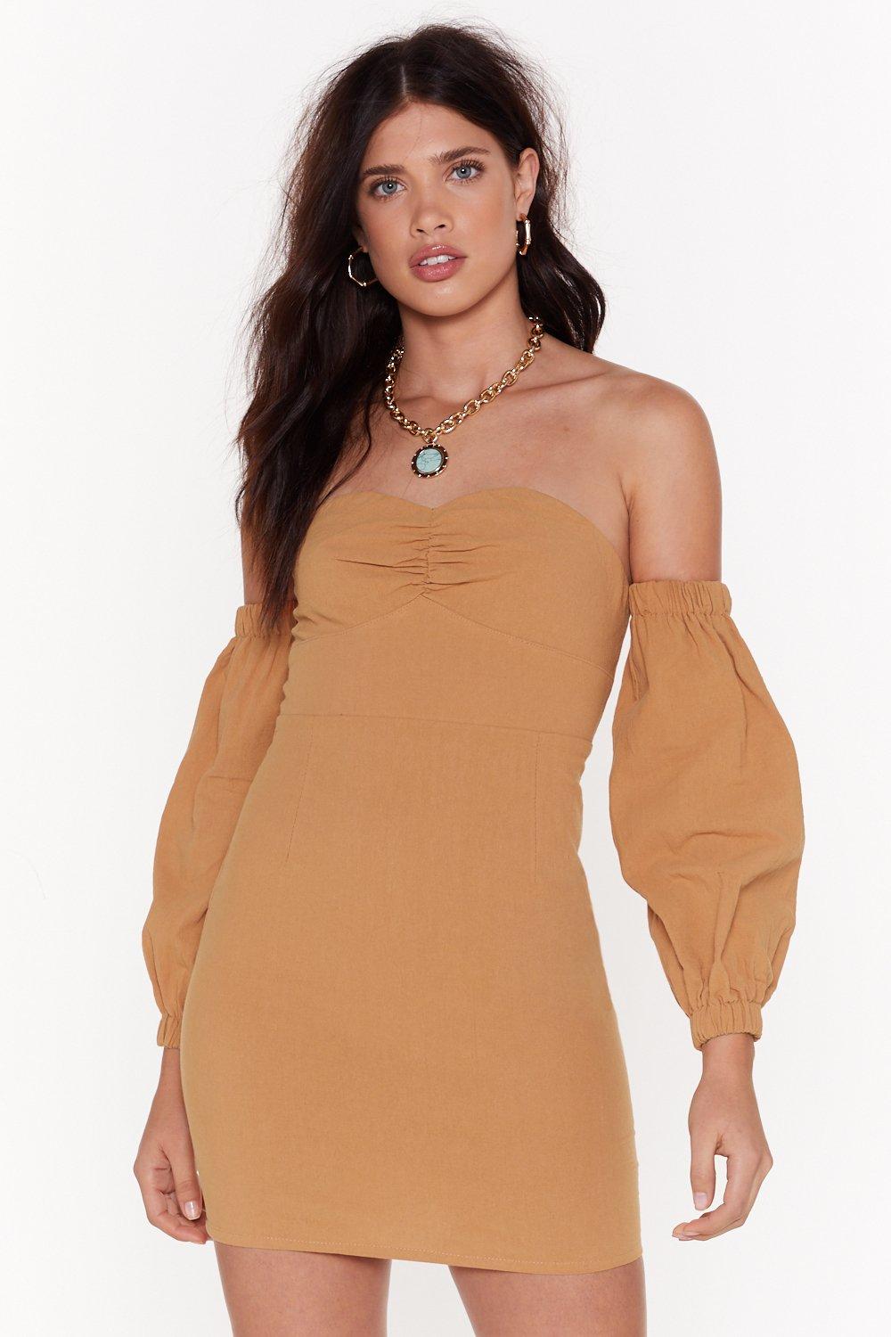 off the shoulder dress with puffy sleeves