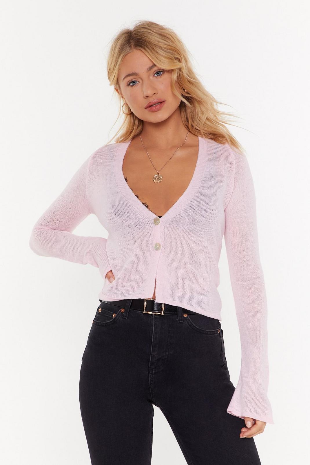 Sheer Button-Down Knit Cardigan with V-Neckline image number 1