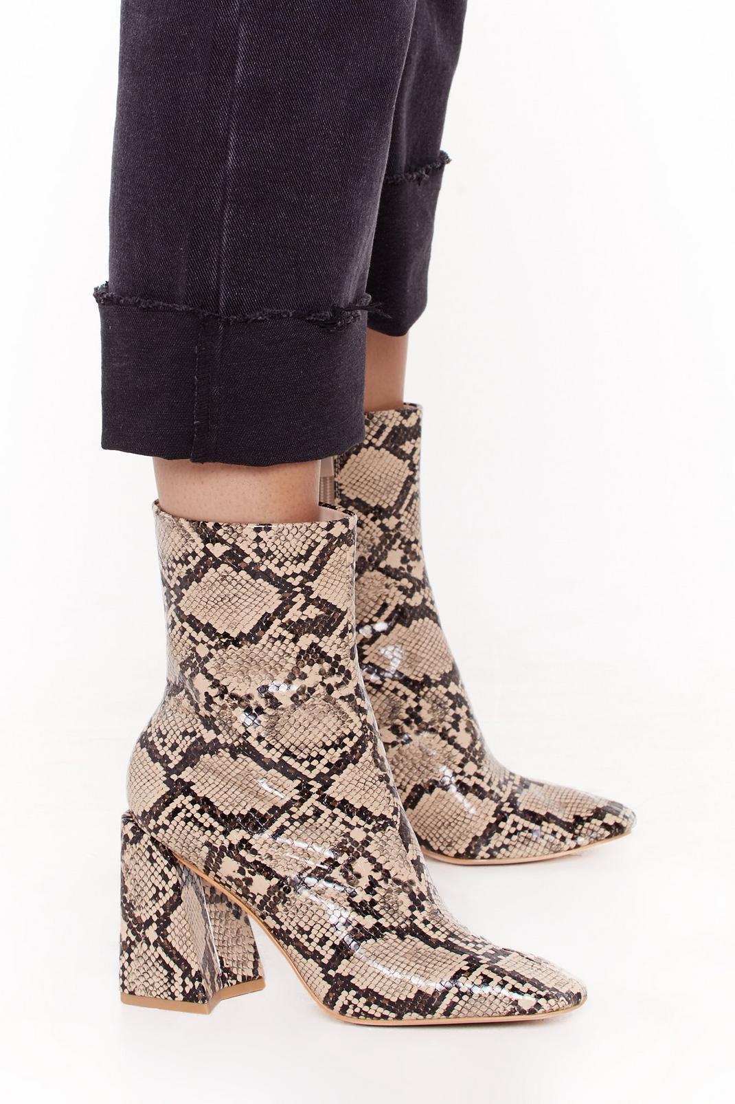 Natural Snake Print Square Toe Flare Heel Ankle Boot image number 1