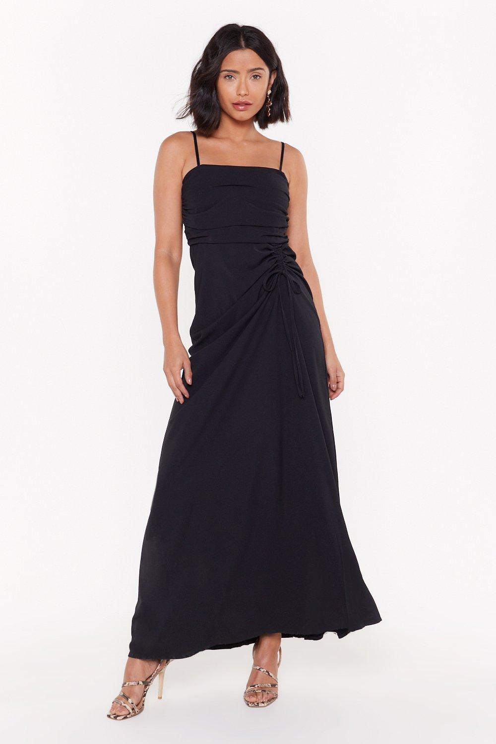 ruched black maxi dress