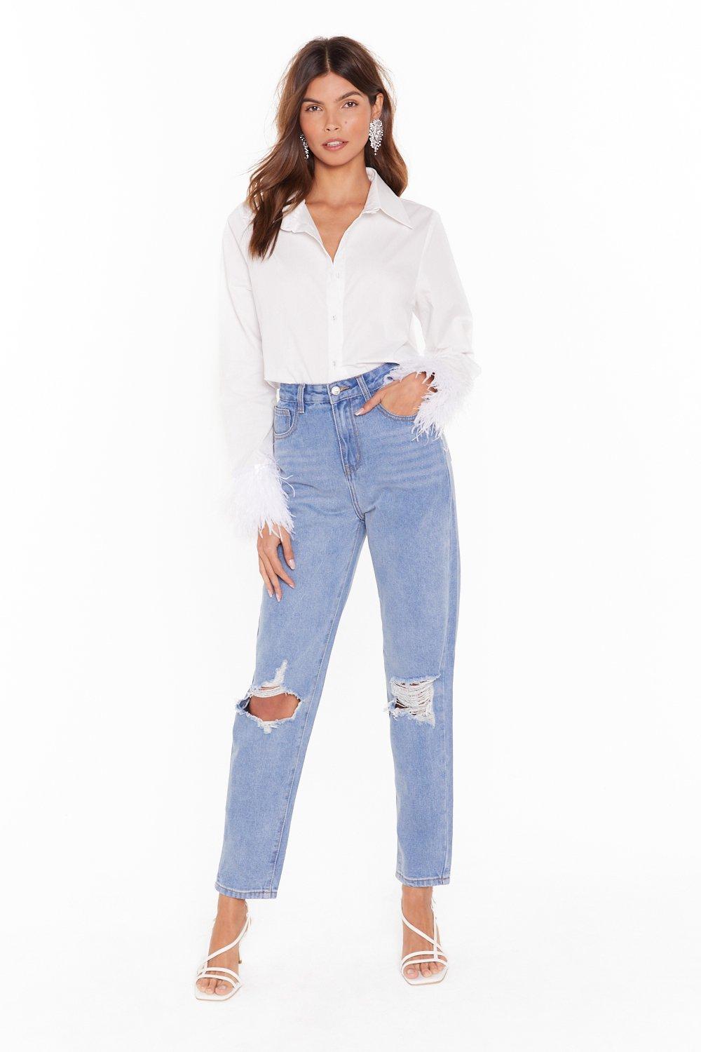 destroyed high rise mom jeans